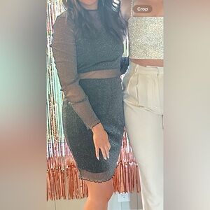 Black and silver mesh sparkle glitter bodycon long sleeve dress size medium